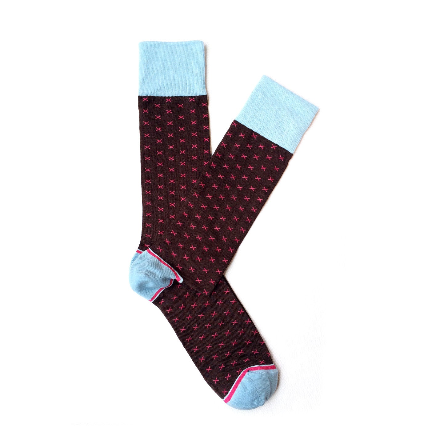 Giraffecool-Giraffe-Cool-Brand-Brown-Blue-And-Magenta-X-Cross-Mercerized-And-Brushed-Cotton-Fashion-Socks-Open-Pair