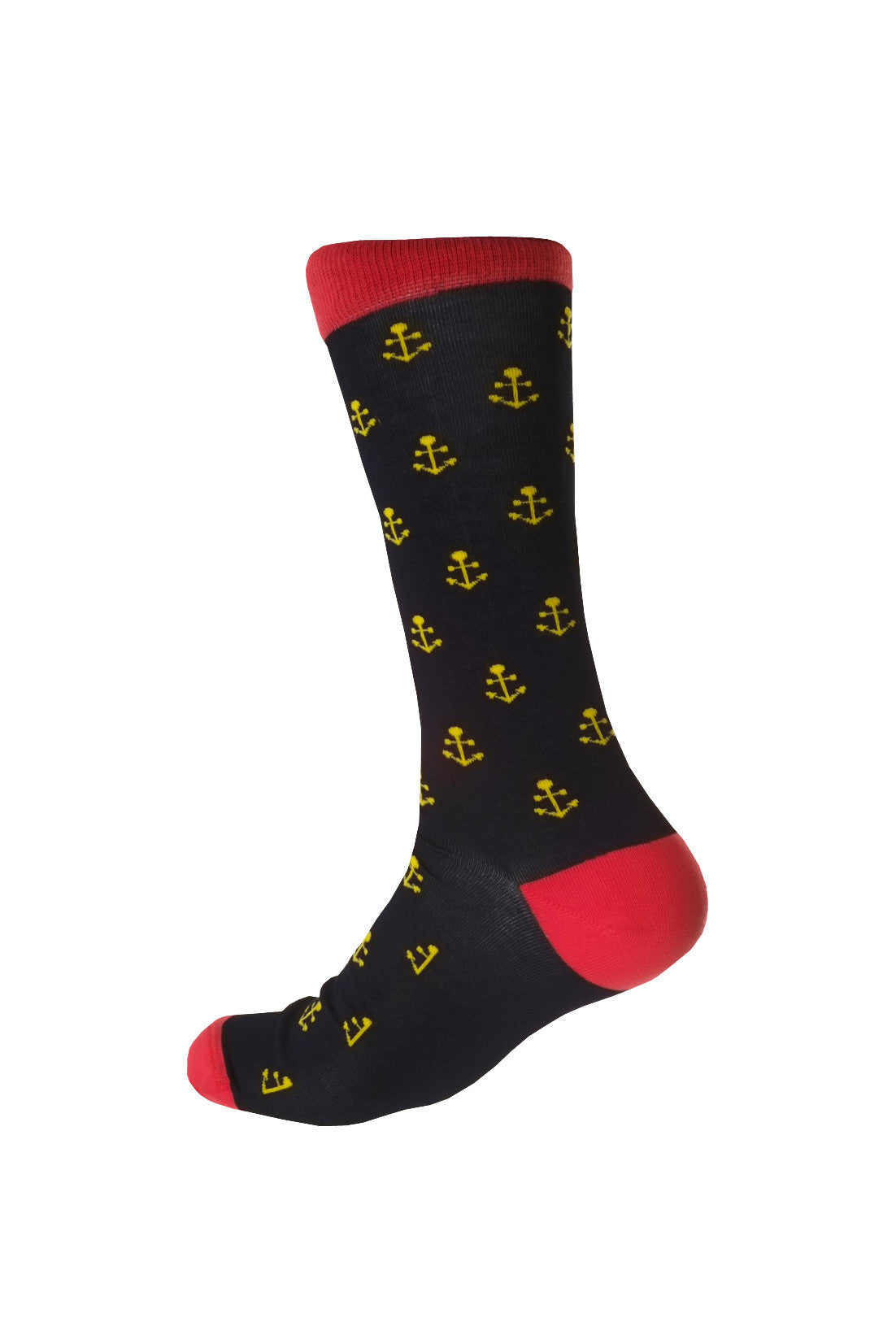 Giraffe Cool | Dark Blue Red And Yellow Anchors Mercerized And Brushed Cotton Socks Foot Back