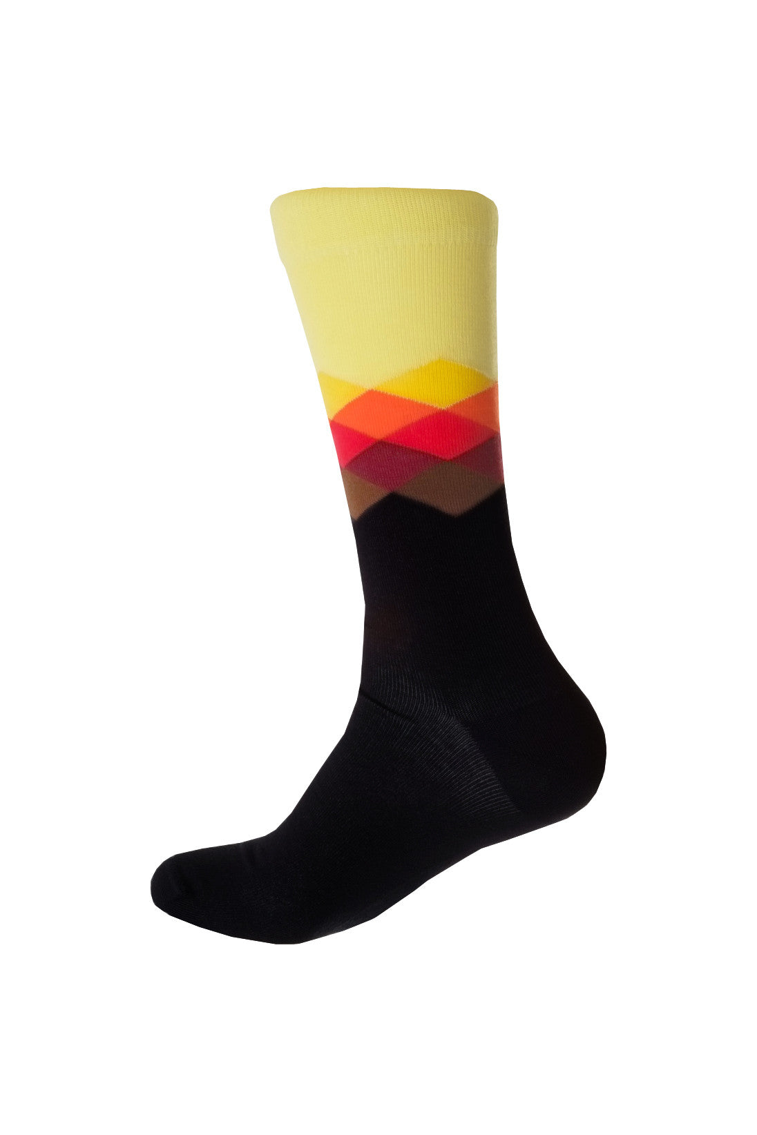 Giraffe Cool | Kaleidoscope Black Yellow Orange Brushed Cotton Socks Foot Back