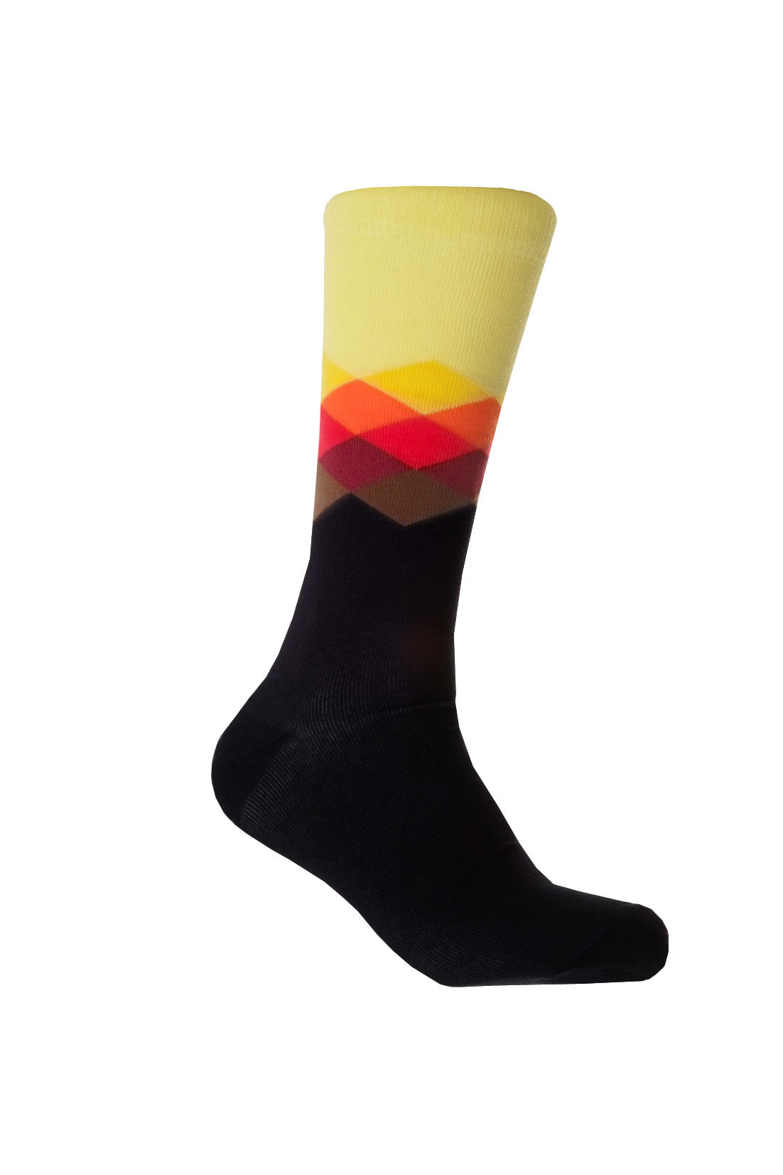 Giraffe Cool | Kaleidoscope Black Yellow Orange Brushed Cotton Socks Foot Front