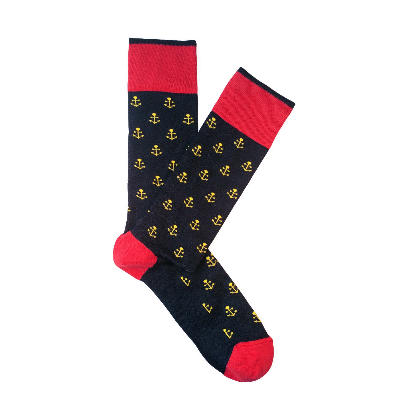 Giraffe Cool | Dark Blue Red And Yellow Anchors Mercerized And Brushed Cotton Socks Open