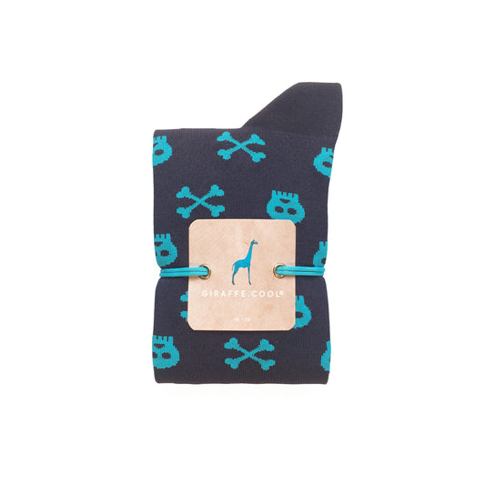 Giraffe Cool | Dark Blue And Light Blue Skulls And Bones Microfiber Socks Closed