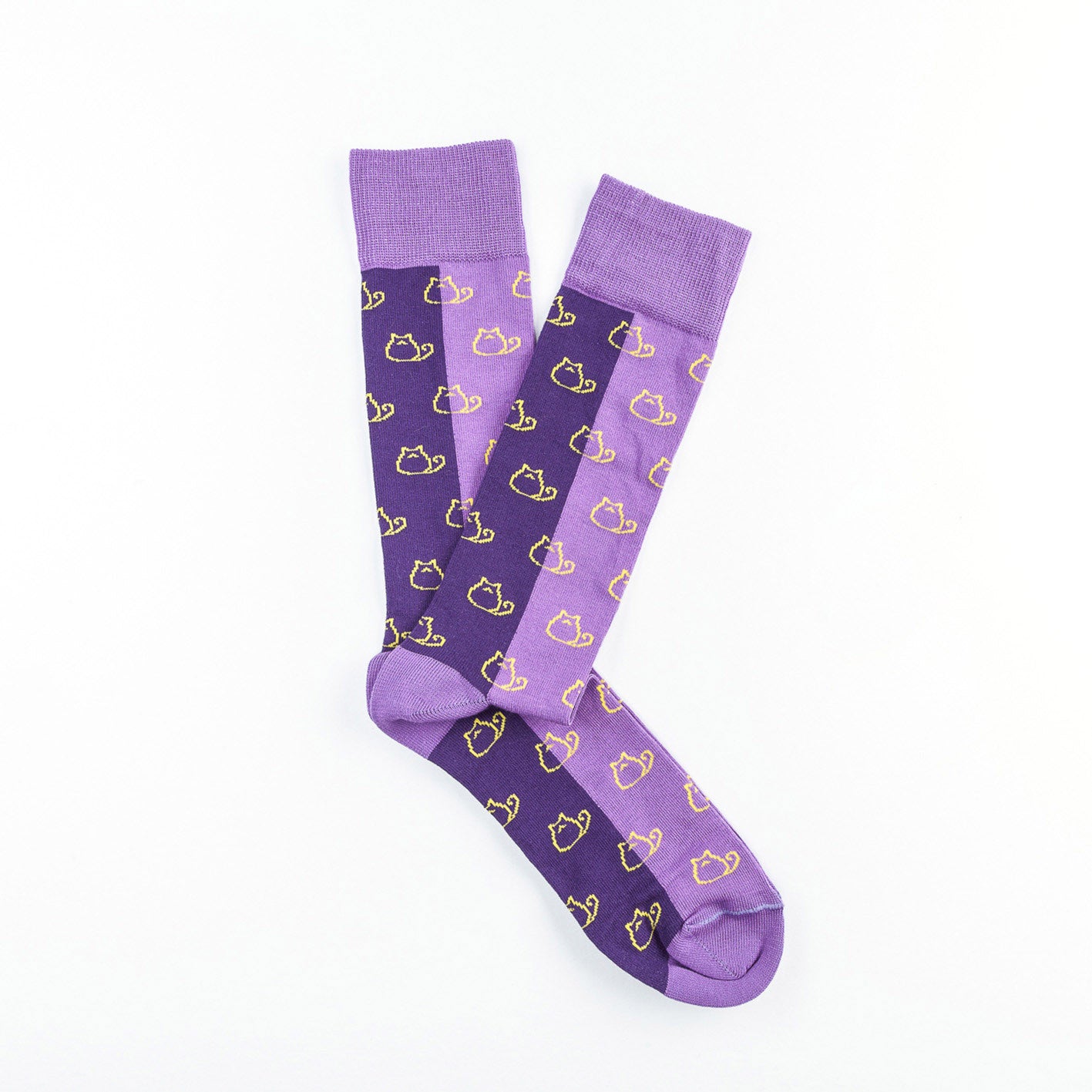 Giraffe Cool | Purple and Yellow Cats Brushed Cotton Socks Open